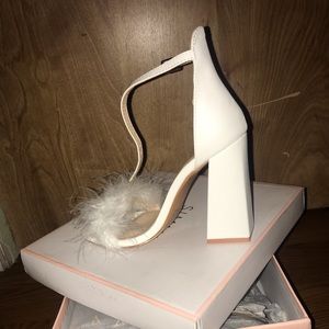 White faux fur block heels